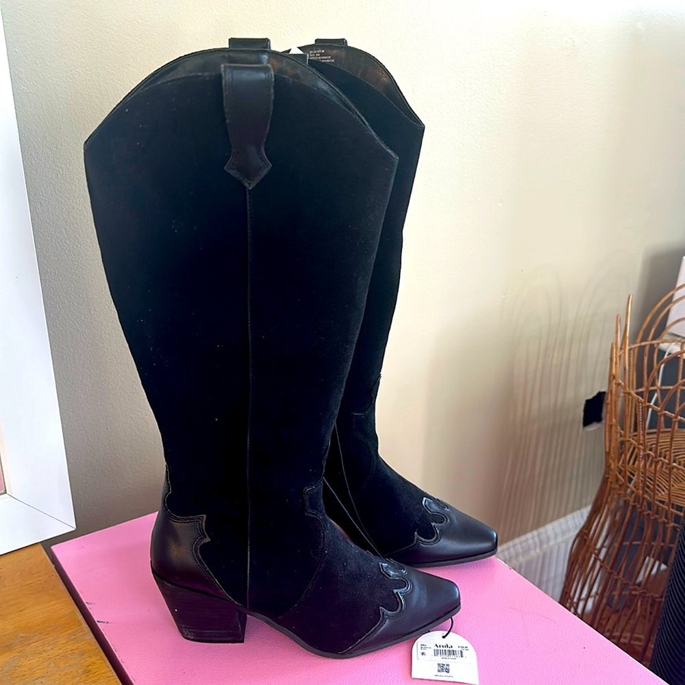 Faux suede and leather Cowboy Boots ~WIDE CALF